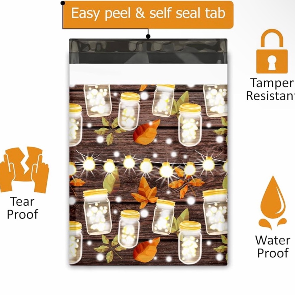 Fall Mason Jars with Lights Poly Mailers (20) 10” x 13”